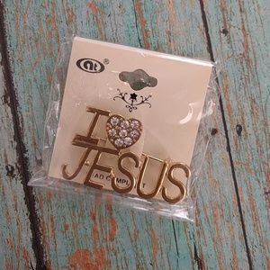 "I love Jesus" goldtone and rhinestones brooch